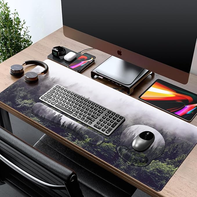 iCasso Desk Mat, Gaming Mouse Pad Wrist Support Set,4in1 XXL Large Mousepad + Keyboard Wrist Rest+Mouse Wrist Rest+Coaster Set with Ergonomic Design for Home Office Table Computer-Forest