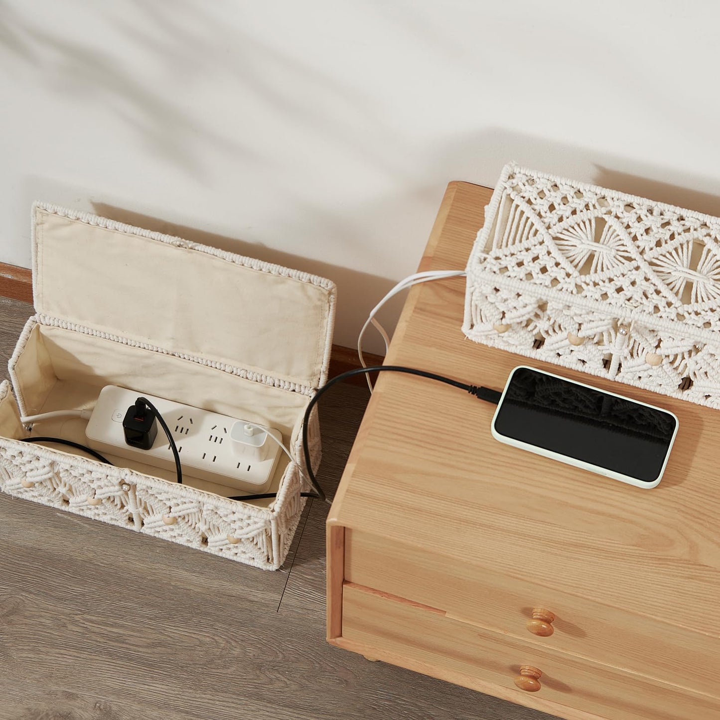 VinneGenzz 2PCS Cable Management Boxes Handmade Macrame Cord Storage Organizer Power Strips Outlet Router TV Wire Hider Cover Under Desk Natural Cotton Rope Woven Box with Lid (1 Large 1 Medium)