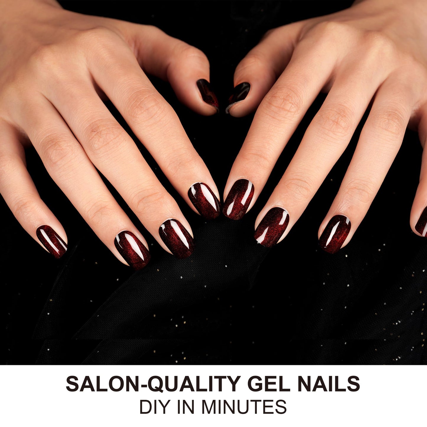DANNI & TONI Semi Cured Gel Nail Strips Dark Red (Bonfire Night) Cat Eye Magnetic Gel Nail Wraps 28 Stickers