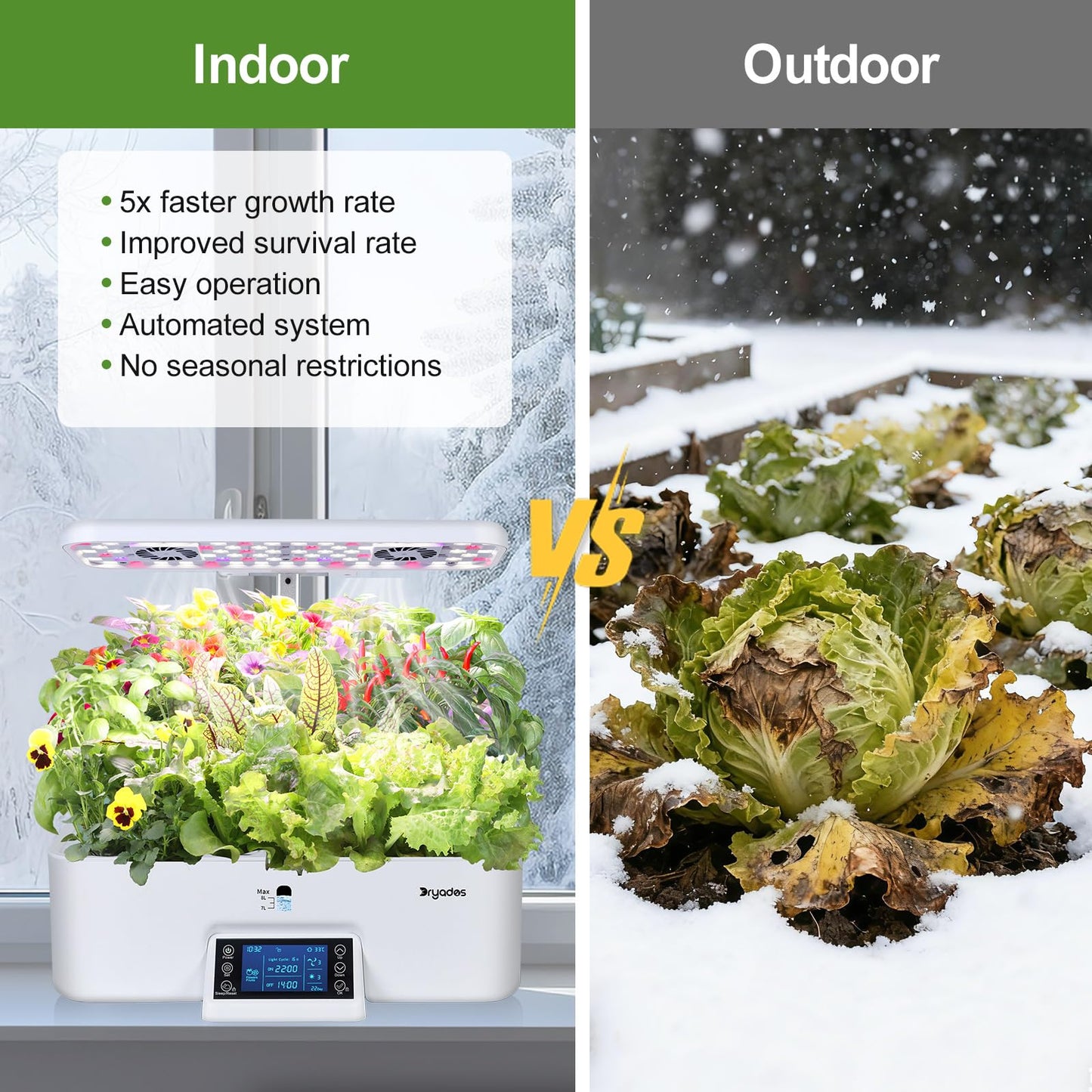 DRYADES 17-Pods Hydroponic Growing System with Dual Fans 24W Full-Spectrum Grow Light & Smart Control Panel for Indoor Gardening for Vegetables Herbs