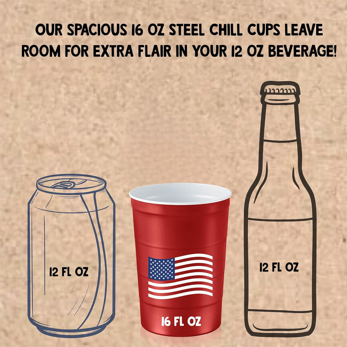 16 oz. Party Cups Flag Design for Cold Drinks, Sturdy and Durable, Disposable, Recyclable, Made in USA, Patriotic, Red, 12 Count