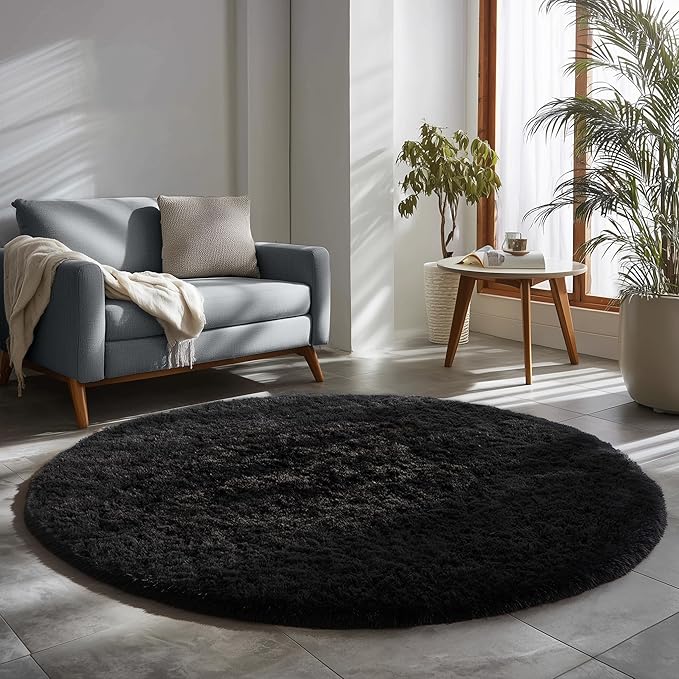 Black Round Rugs 5Ft for Bedroom Aesthetic, Fluffy Plush Circle Area Rugs for Living Room, Fuzzy Modern Cool Throw Carpet for Baby Kids Teen Boys Mens, Office Playroom Nursery Apartment Home Decor