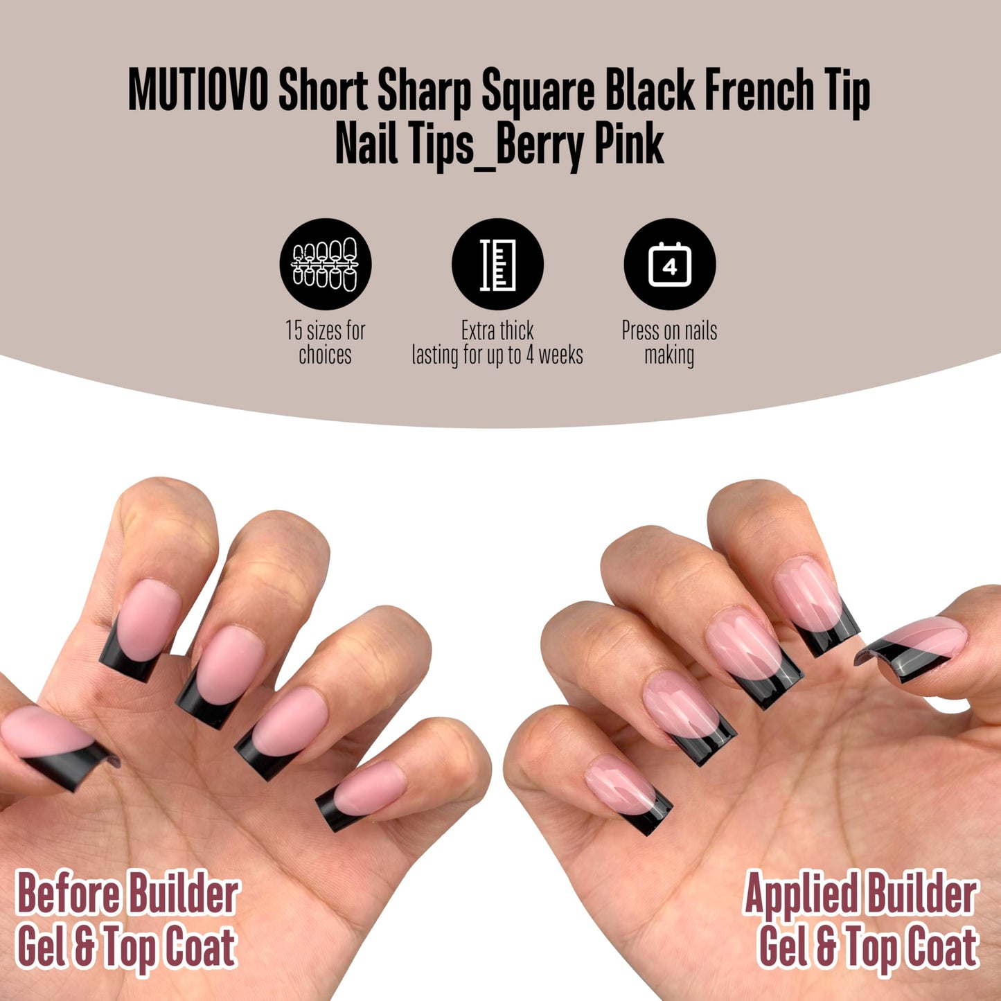 MUTIOVO Black French Tip Short Straight Square Nail Tips Press on, BERRY PINK Extra Thick NEED Soft Gel Nail Extension, Need Builder gel & Top,Coat Full Cover False Nails, for DIY x 15 Sizes 150 pcs