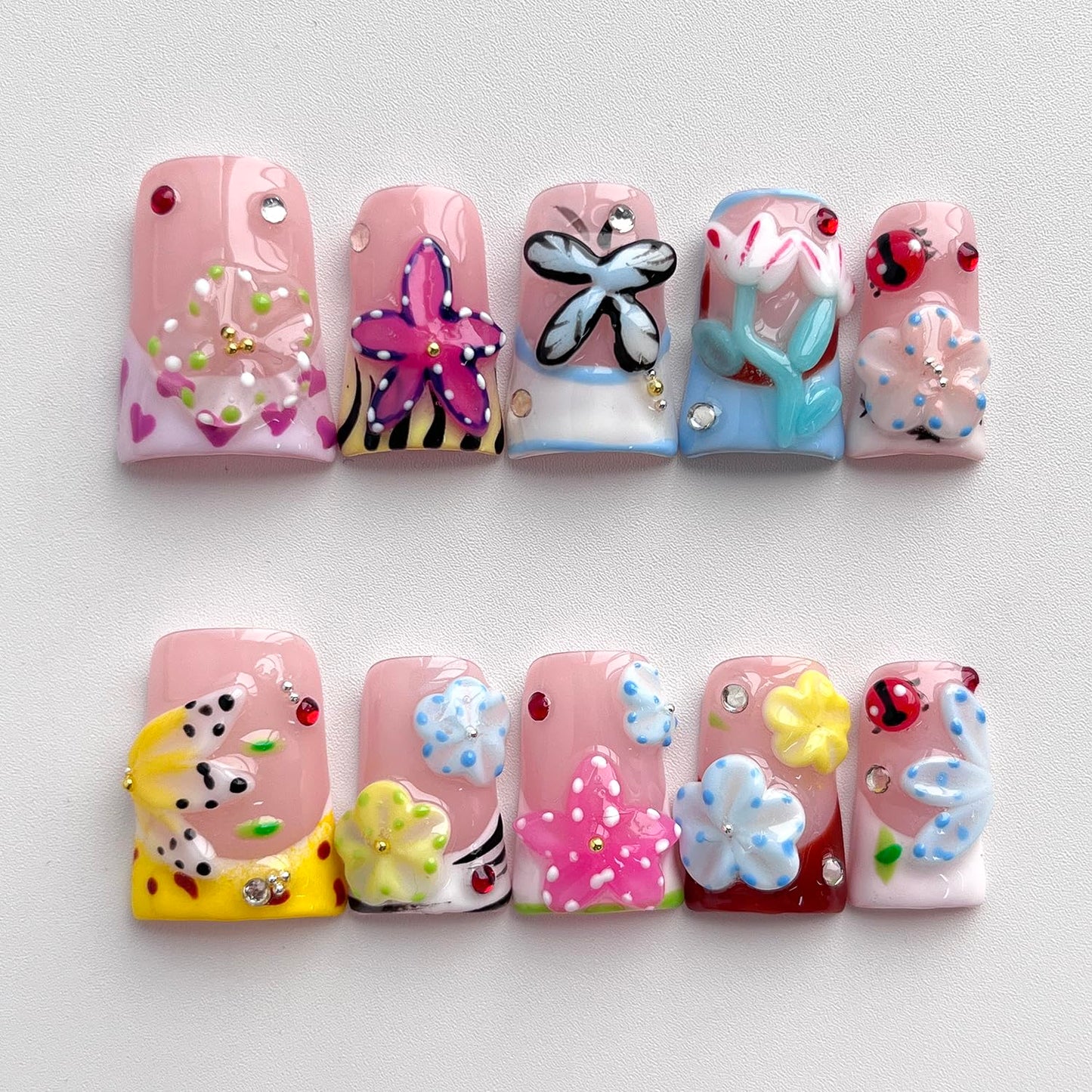 French Tip Press on Nails Handmade Short Duck 3D Flower Thick Acrylic Nails Cute False Nails with Floral Ladybug Butterfly Designs Glossy Fake Nail Sturdy Art Spring Press on Nail 10Pcs(S)