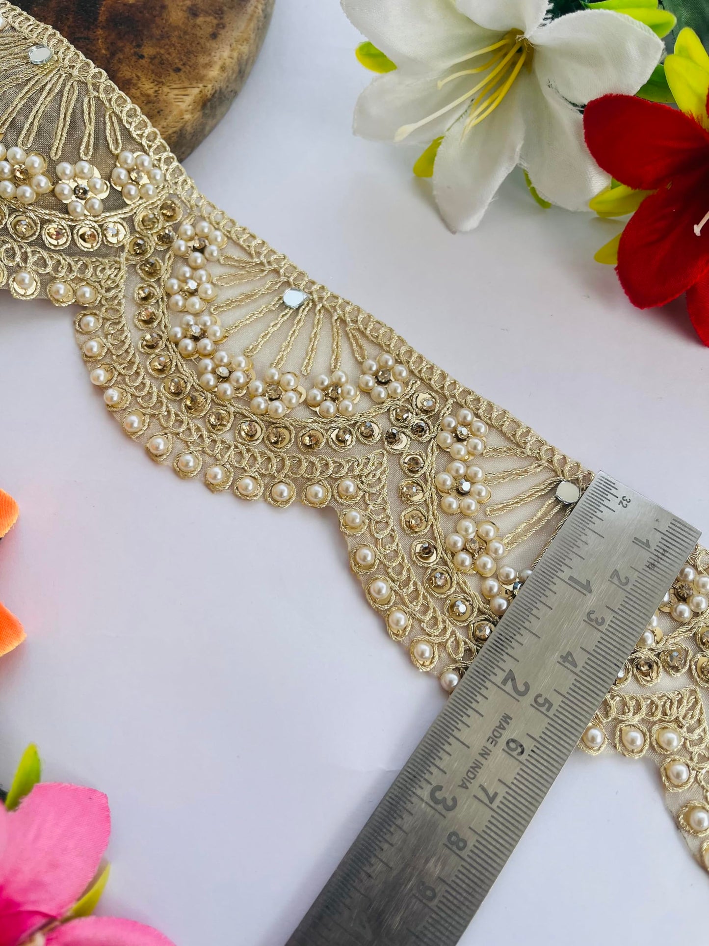 Soft Gold Scallop Lace Trim with Pearl and Rhinestone Embellishment, 2.25 Inch Wide, Available in 1, 3 and 6 Yard (1)