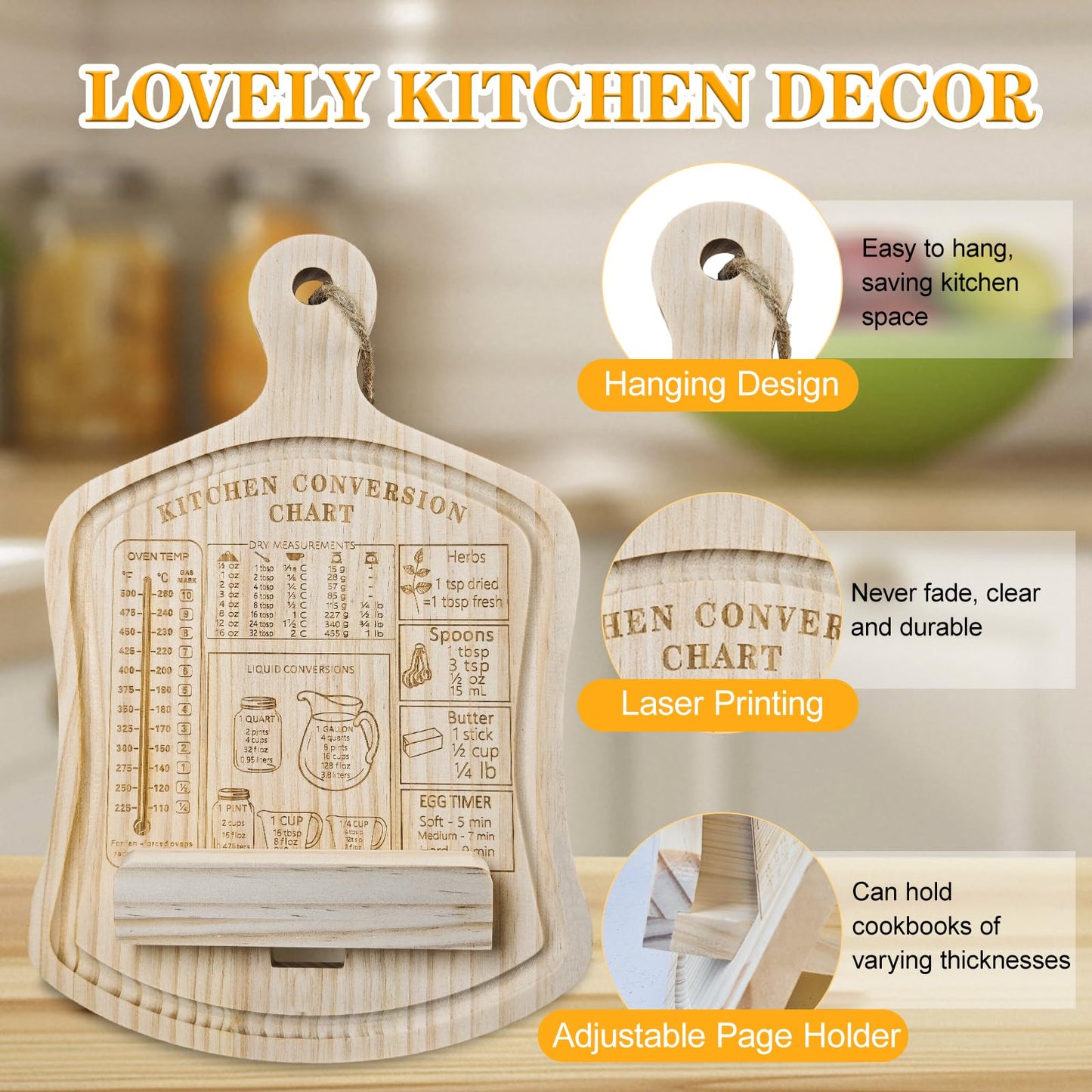 GoShambar Cookbook Stand for Kitchen Counter, Recipe Book Holder with Kitchen Conversion Chart, Wood Cook Book Holder