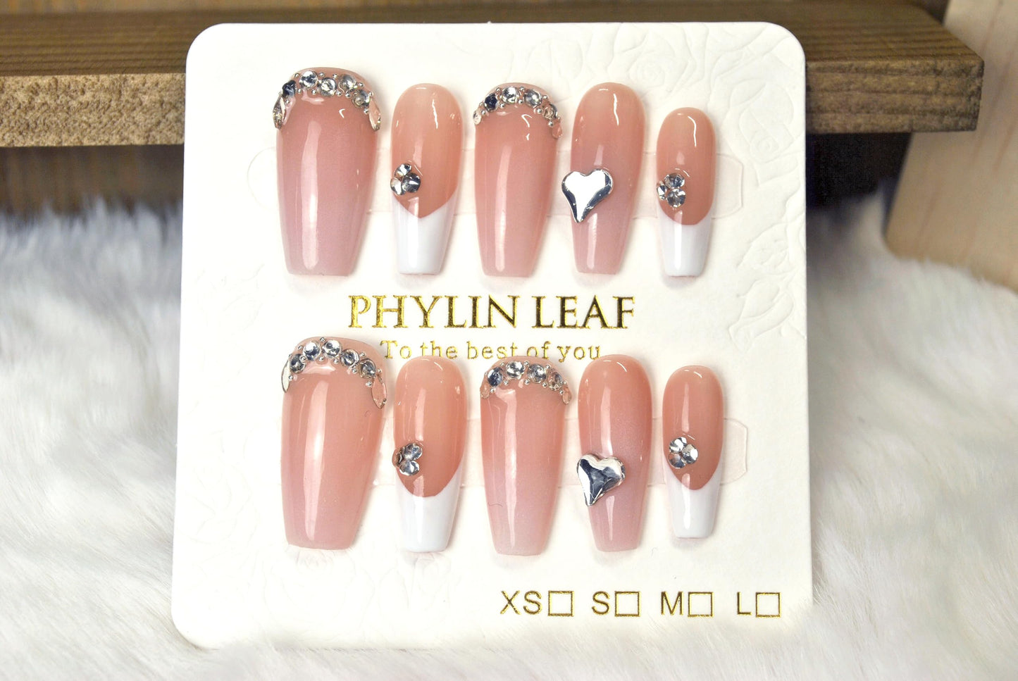 Handmade Press On Nails impress French Fake Nails Medium Square Coffin 3D White and Pink Crystal Manicure False press ons Nail Artificial (M size)