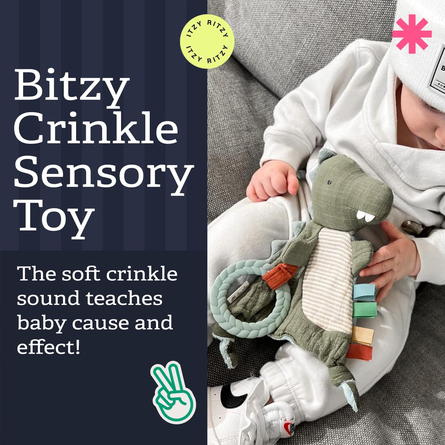 Itzy Ritzy - Bitzy Crinkle Sensory Toy Dinosaur with Crinkle Sound for Babies & Toddlers - Features Soft Braided Teething Ring & Textured Ribbons, Designed for Ages 0 Months and Up, Dinosaur
