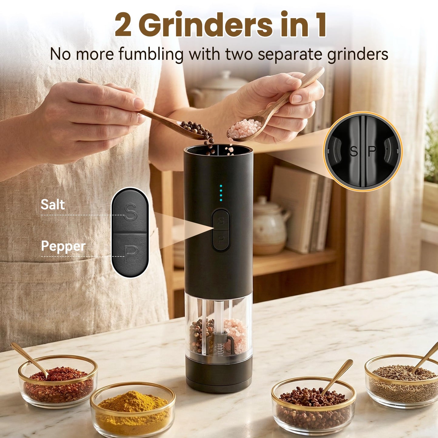 Pumixlor Electric Salt and Pepper Grinder, 2 In 1 Adjustable Coarseness Automatic Pepper Mill Grinder with LED Light, Battery Display, USB Rechargeable Salt Mill Shakers with Dust Cover for Kitchen
