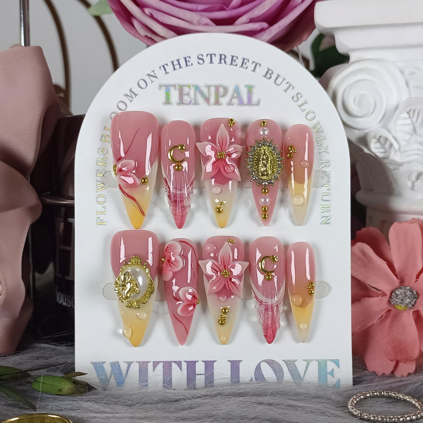 TENPAL Handmade Press on Nails Long Stiletto,Coral Orange Blushing French Tips Fake Nails with 3D Floral Waterdrops,Royal Baroque False Nails with Tools,Luxury Handmade Nails for Special Events(S)