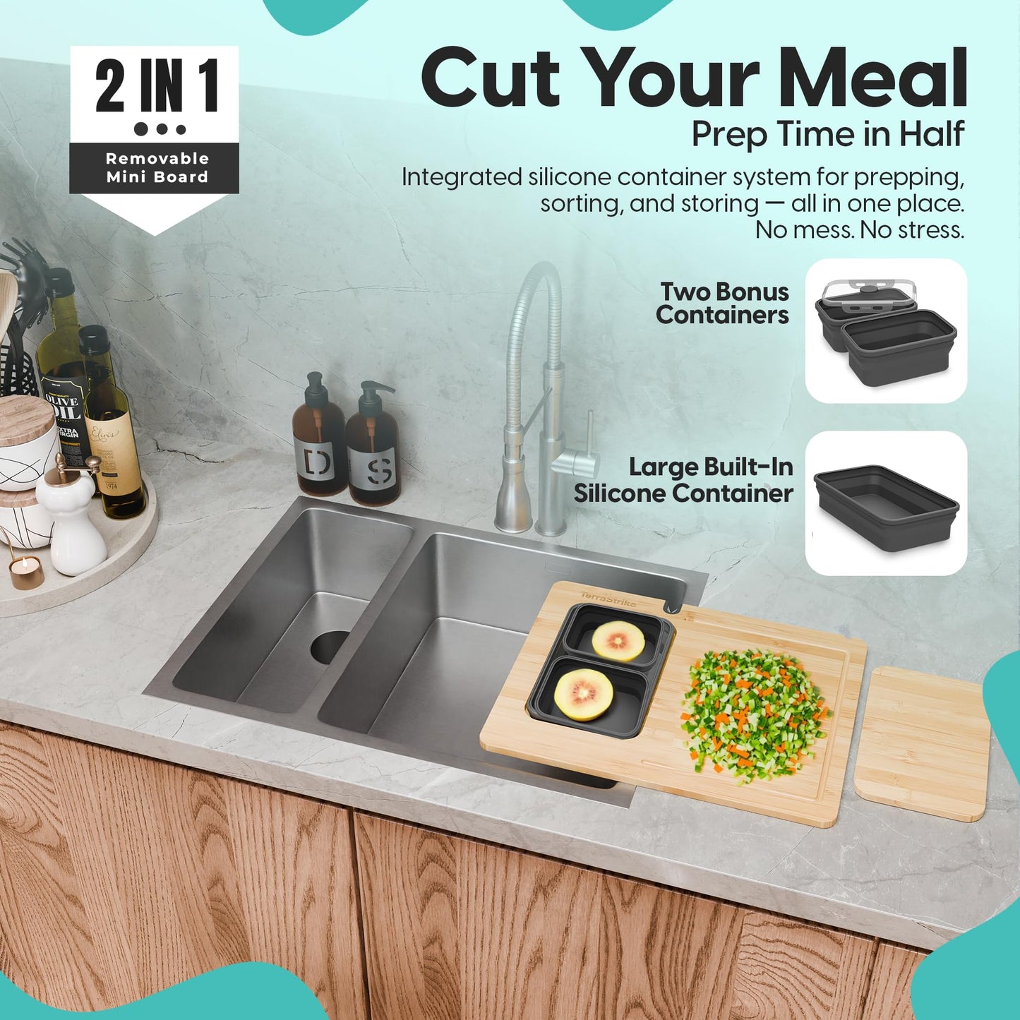 TerraStrike Bamboo Cutting Board Set with Knife Sharpener – Thick Wood Boards with Juice Groove, Silicone Container & Handles Non-Toxic Over Sink Design Ideal Kitchen Gifts