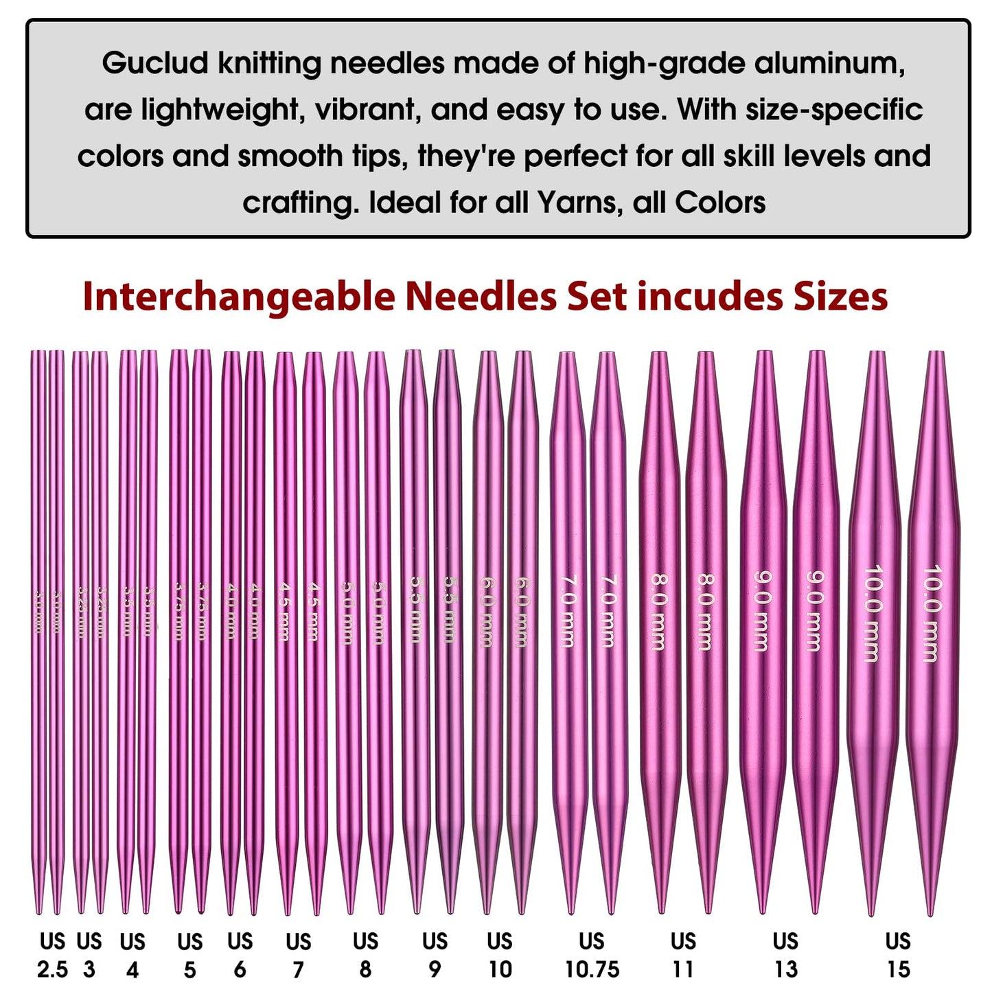 Guclud 4-Inch Interchangeable Circular Knitting Needles Set | US 2.5-15 (3.0-10.0mm) | 13-Pair of Metal Circular Needles | 4 Cables (16", 24", 32", and 40"), Accessories & Case