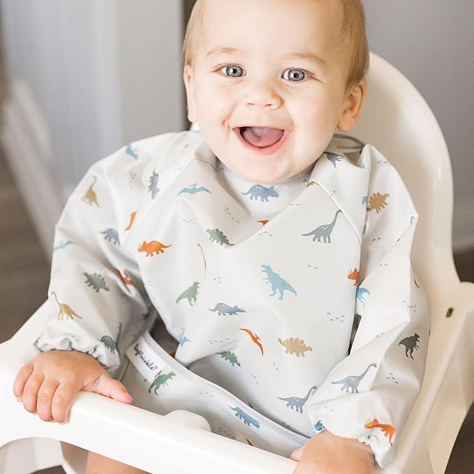 Tiny Twinkle Long Sleeve Bib for Babies & Toddlers – Waterproof Smock Bib for Eating – Machine Washable & Mess-Proof, Baby Feeding Essential & Baby Shower Must-Have(Dinosaur, 6–24M)