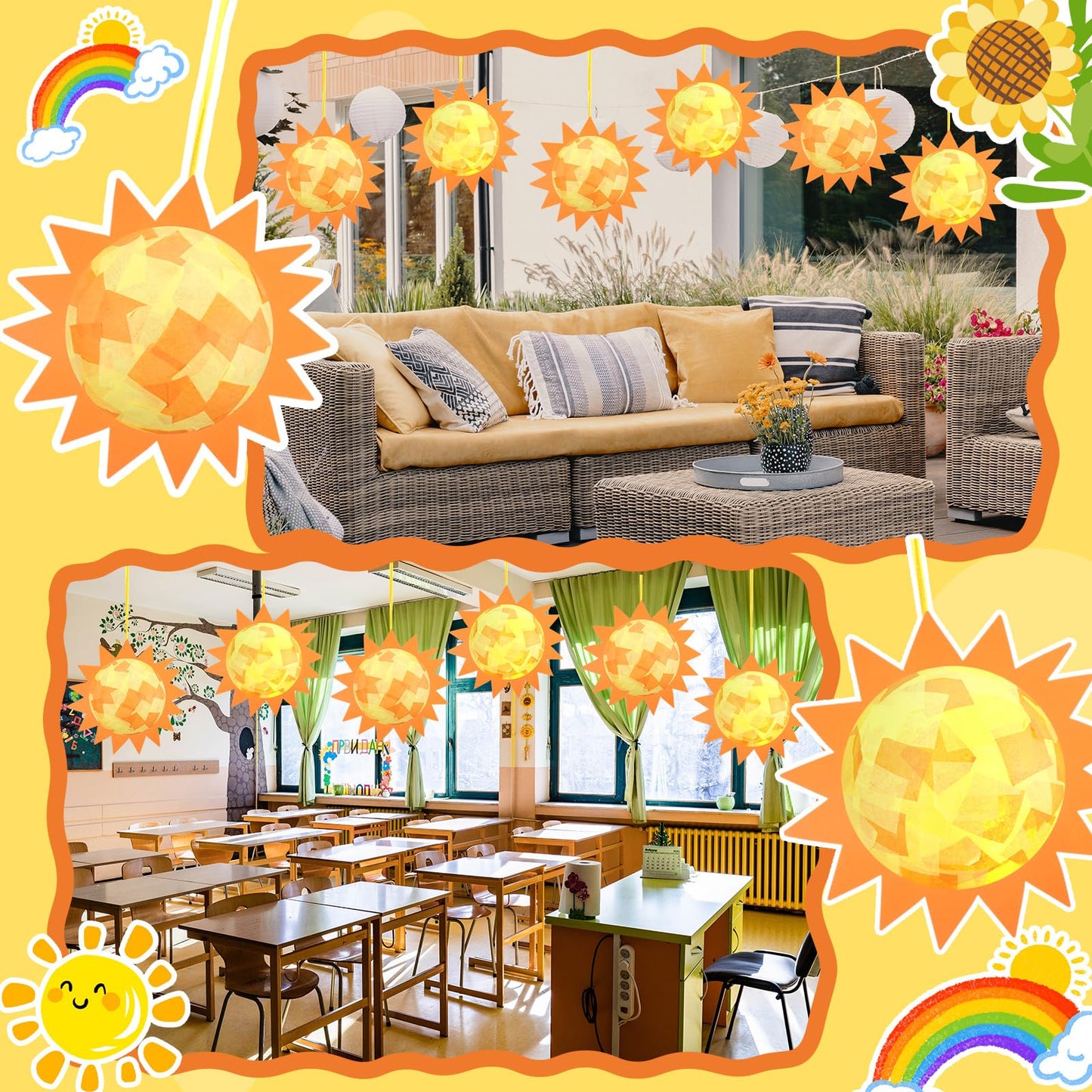Simgoing 12 Set Sun Craft Kits with LED Candlelight Gold Sun DIY Art Tissue Paper Craft Summer Hanging Ornaments 3D Suncatcher Decoration for Summer Home School Classroom Party Decoration Art Activity