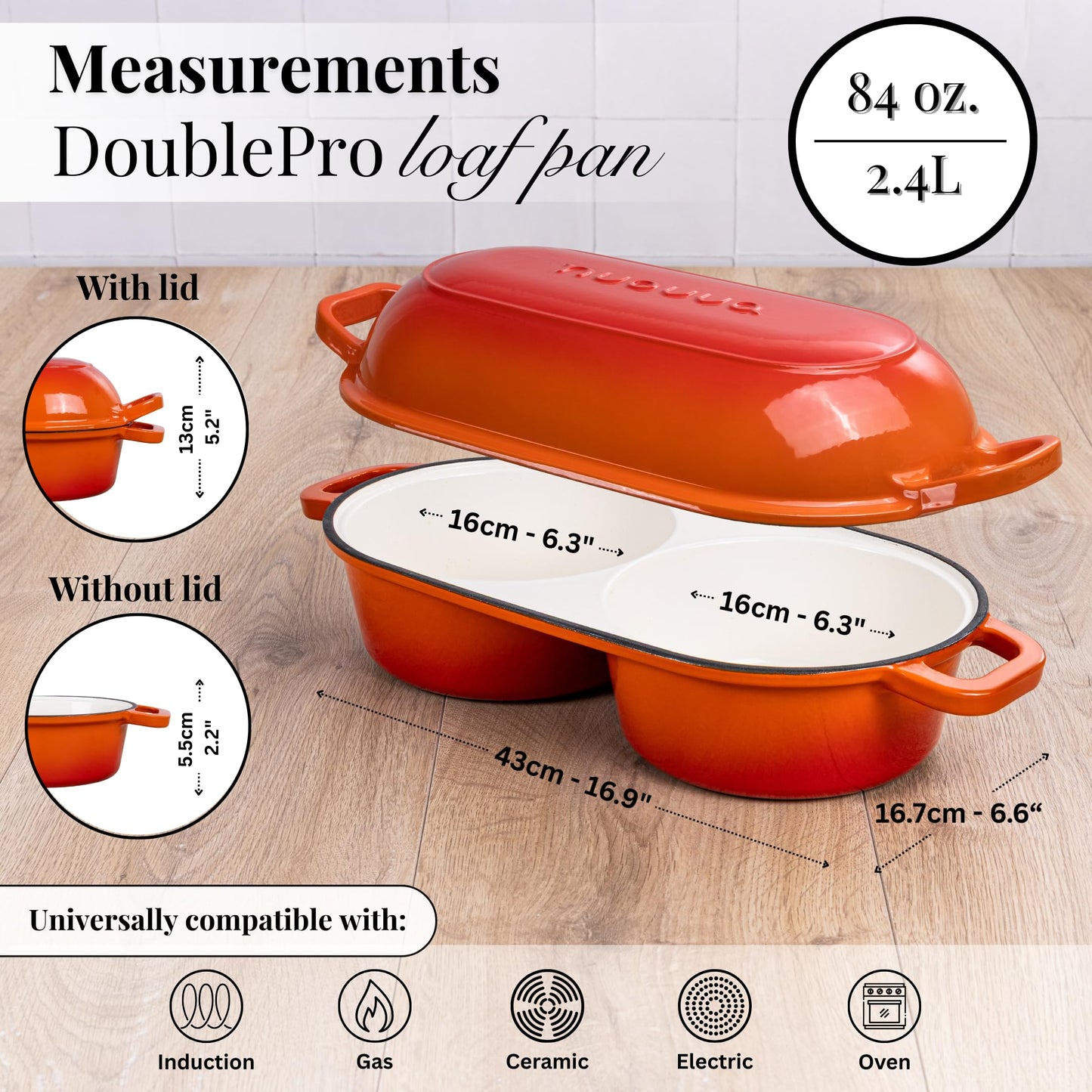Dutch Oven For Sourdough Bread Baking – Enamelled Cast Iron Bread Loaf Pot – 500°F Oven Safe Non Stick Bread Pot – Double Round Loaf Space, 16.5cm Diameter, Orange, – by Nuovva