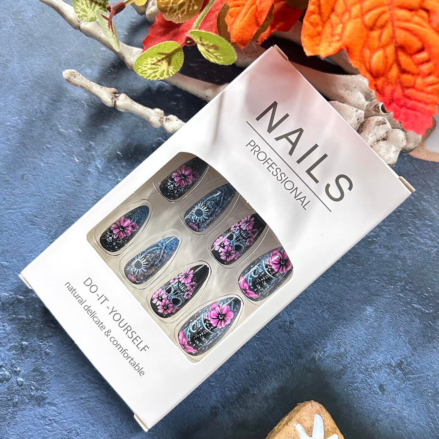 CJDLTS 24Pcs Halloween Flower Skull Press on Nails Medium Pink Floral Skull Pattern Design Halloween Nail Full Cover Glossy Artificial Acrylic False Nail French Almond Medium Glue on Nails for Women