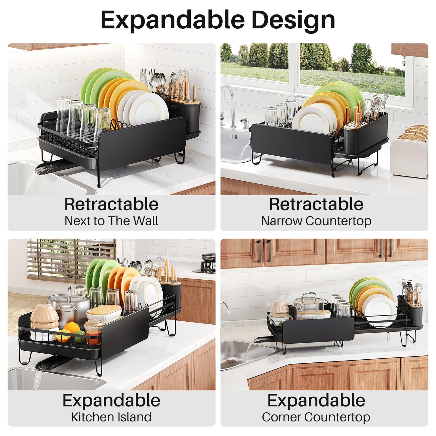 SNTD Dish Drying Rack - Large Dish Racks for Kitchen Counter, Expandable Dish Drainers with Cutlery Holder Stainless Steel Rustproof, Black