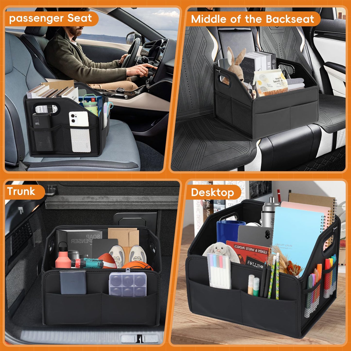 Adullama Car Storage Organizer Reinforced Dividable Leather Car Caddy Basket for Front Seat Floor Back Sturdy Frosted Handle 8 Compartments Adjustable Strap Buckles Slip-Resistant (Normal)