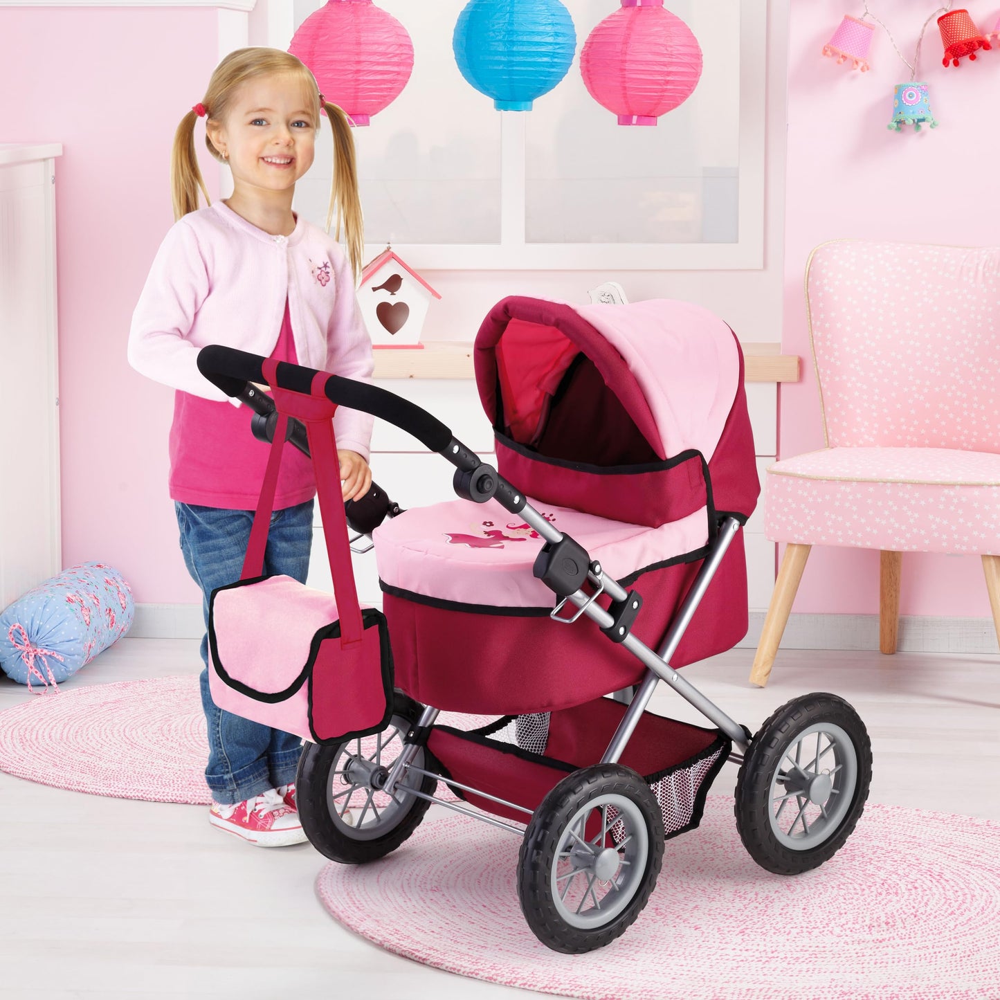 Bayer Trendy Doll Pram Stroller for Dolls up to 46 cm with Adjustable Handle and Storage Basket