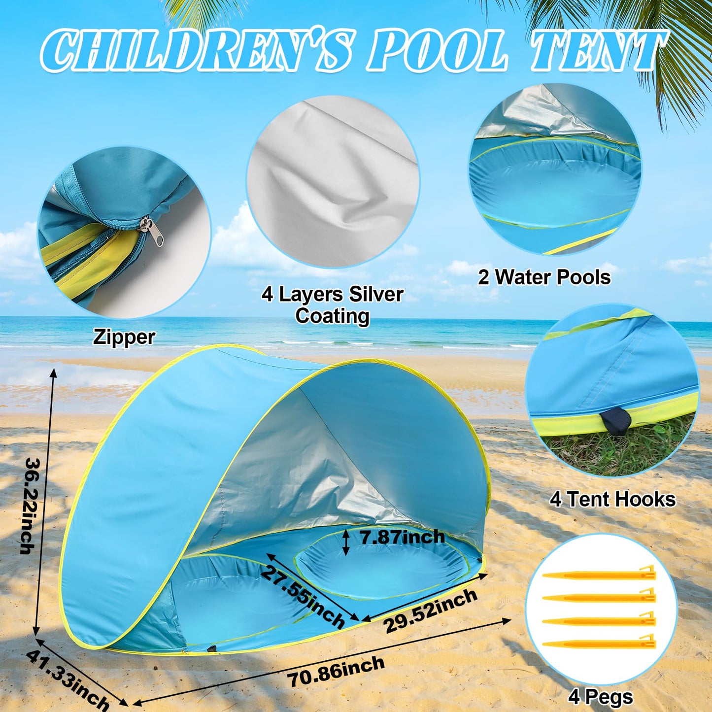 QTREE intelligence Baby Beach Tent-2 Pools Pop Up UPF 50+ Sunshade with Carry Bag, Portable for Travel,Beach,Camping,Indoor