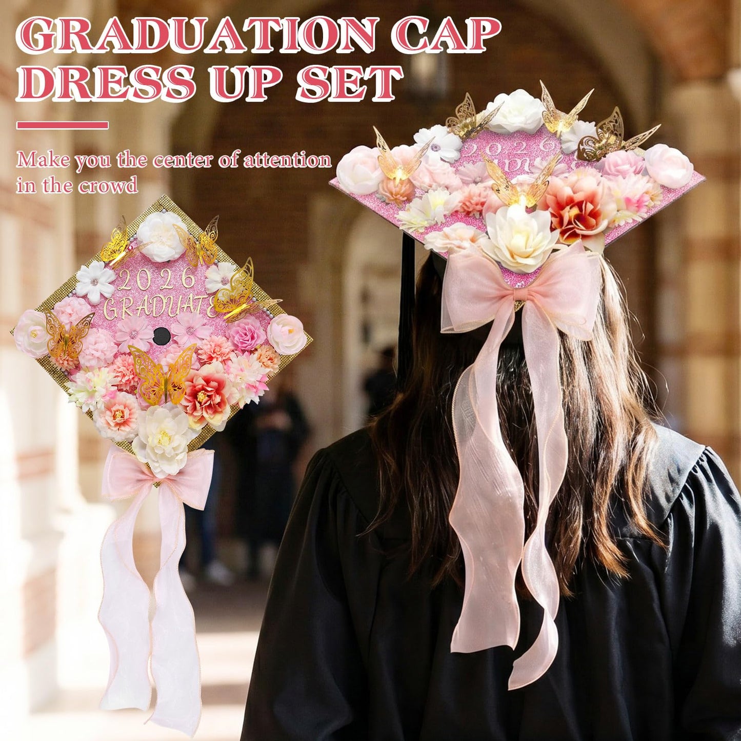 Harsever 48Pcs Graduation Cap Decorations DIY Kit,Grad Cap Decorations Decor with Faux Flower 3D Butterfly Rhinestones Alphabet Letter Stickers for DIY Graduation Party Supplies (Pink)