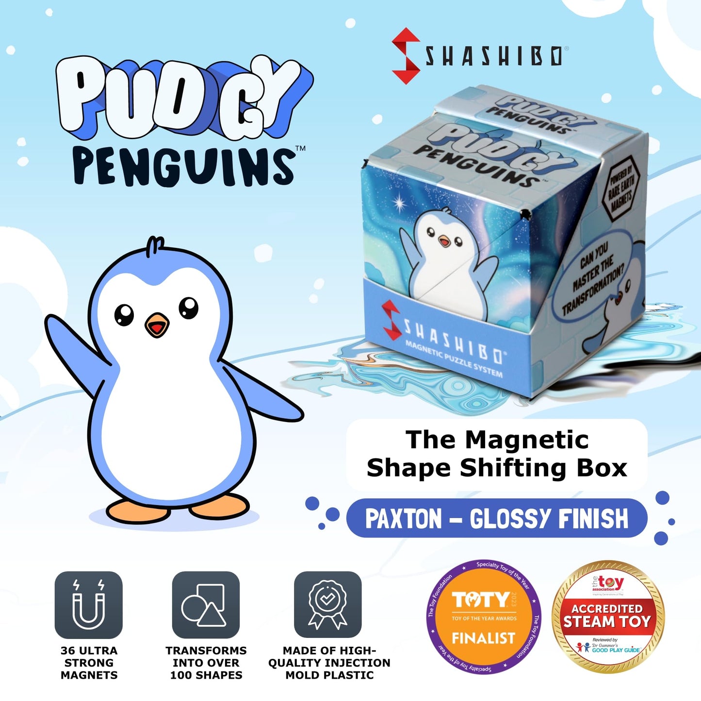 Shashibo Pudgy Penguins Shape Shifting Box – STEM Fidget Toy with Ultra Strong Magnets, Puzzle Cube Transforms into 100+ Shapes, Sensory Gift for Kids, Teens, and Adults (Paxton)