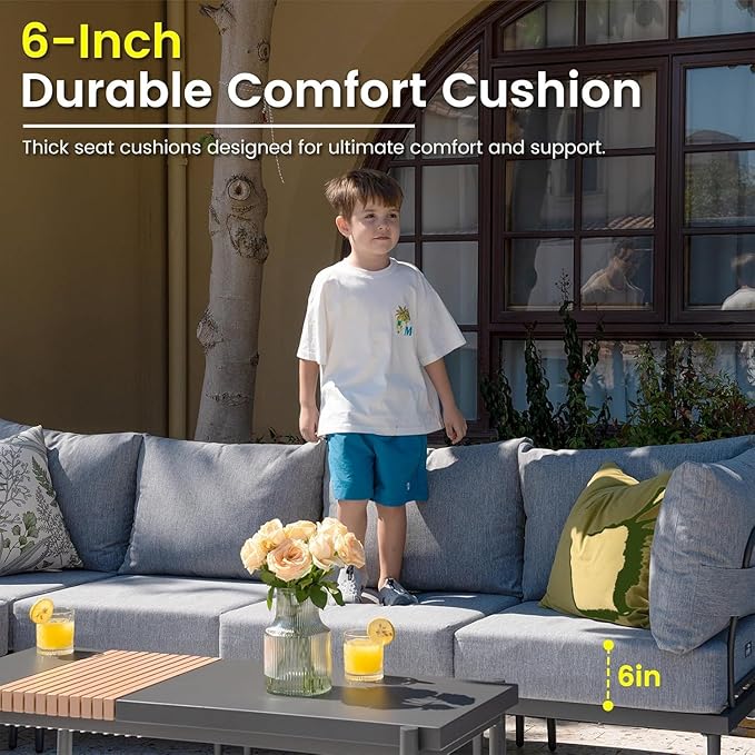Sundale Outdoor 4 Pieces Patio Furniture Set, Metal Sectional Sofa Patio Conversation Set with 6 Inch Cushions, Modern Patio Corner Couch for Balcony, Porch, Sunroom | Modular, Waterproof, Anti rust