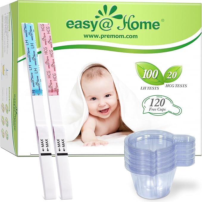Easy@Home 100 Ovulation Test and 20 Pregnancy Test Strips, FSA Eligible Ovulation Test Kit Powered by Premom Ovulation Predictor Free iOS&Android APP,100LH + 20HCG + 120 Urine Cups-Package May Vary