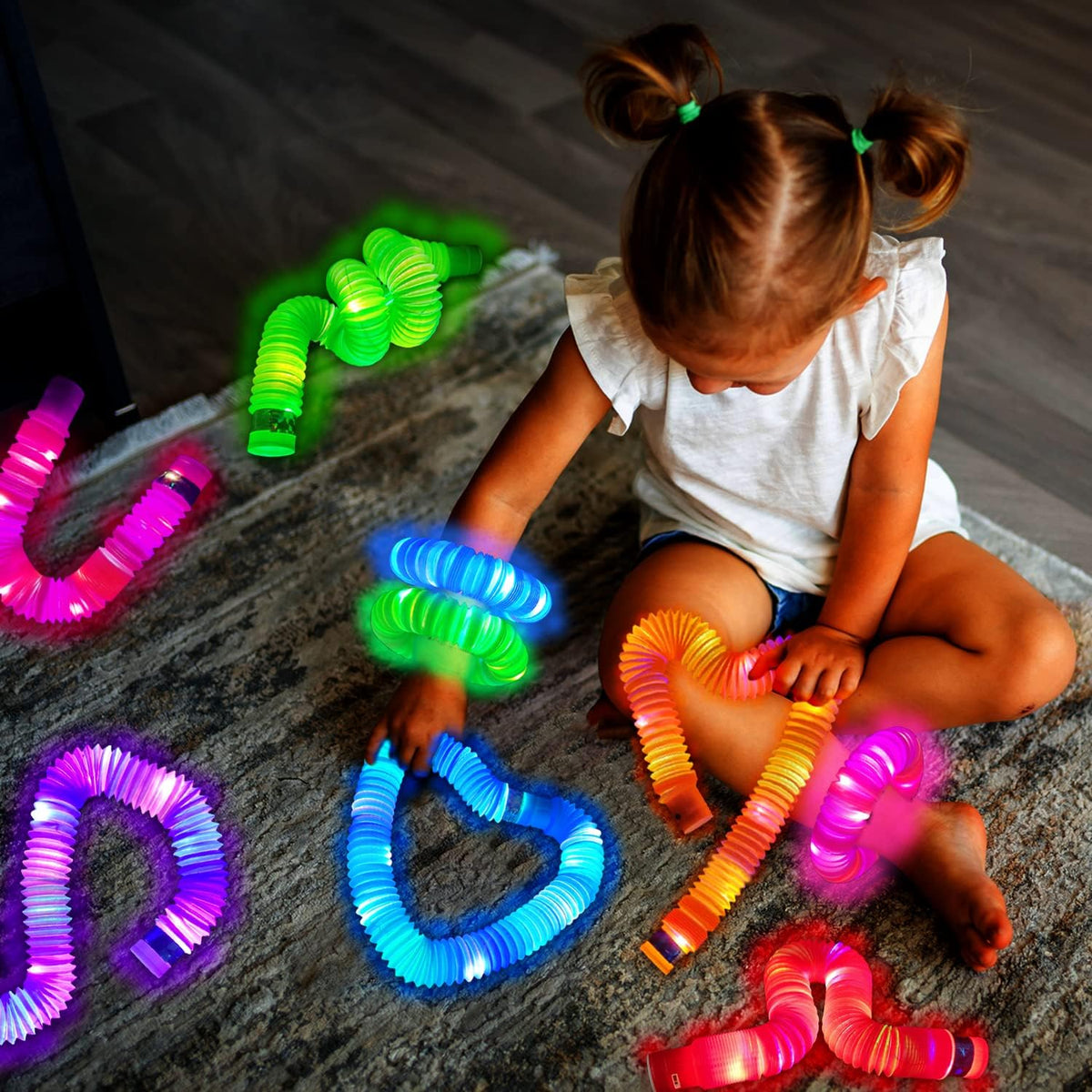 Glow Sticks Stocking Stuffers for Toddlers-6 PCS Light Up Pop Tube Party Favors Toys Gifts for Kids,Christmas LED Bracelet Necklace Accessories,Fun Camping Essentials Games Activities for Boys Girls