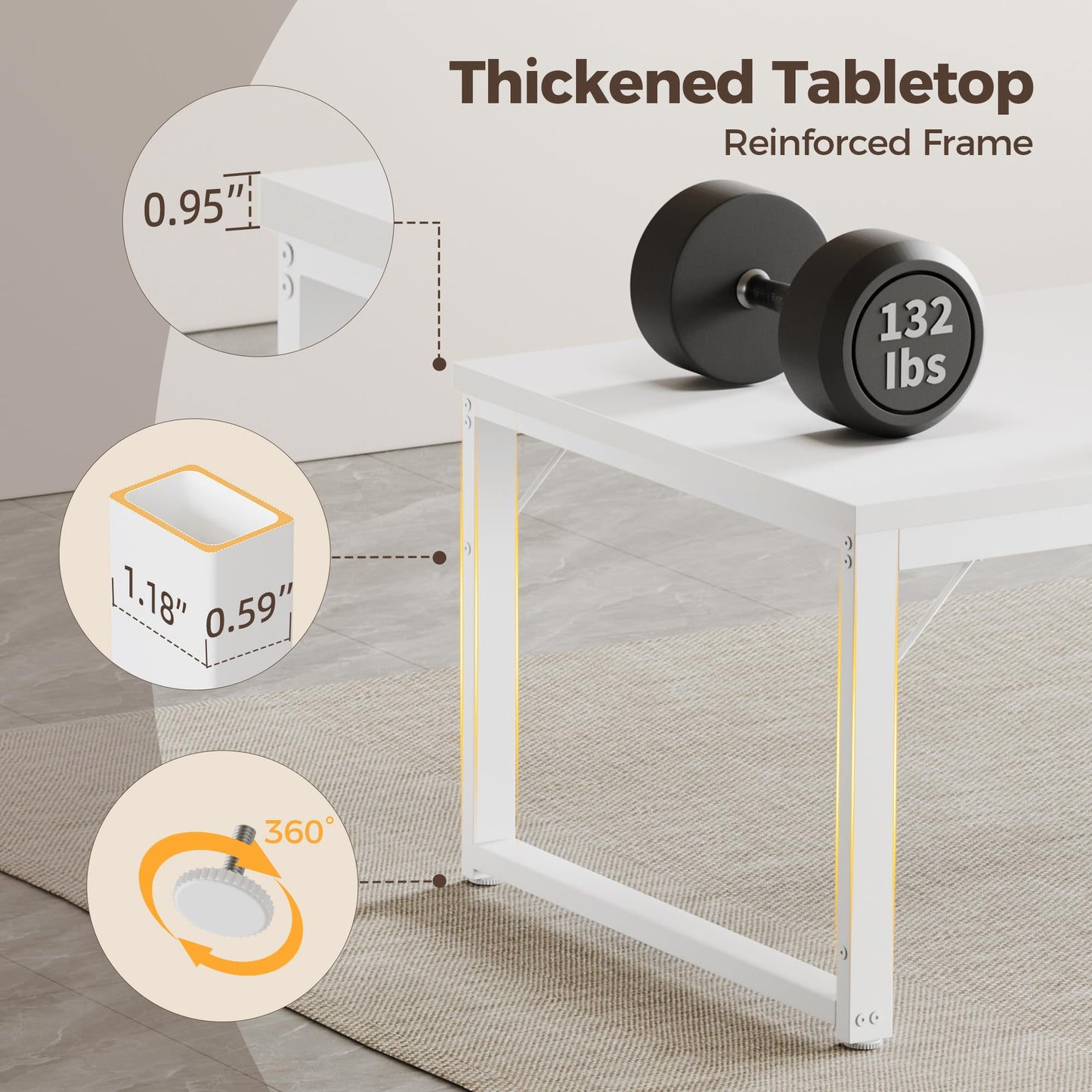 Mericonia 48 Inch Computer Desk, 1" Thick Heavy Duty Industrial Office Desk, Modern Simple Study Writing Table for Home Office Bedroom Workstation, White