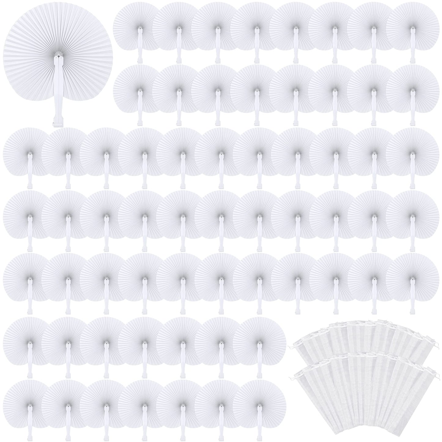 MCEAST 100 Pack Wedding Paper Fans Handheld Folding Fan White Round Shaped Folding Paper Fans Handheld Fan with Plastic Handle and Bags for Wedding Birthday Party Favors Supplies Home Decor