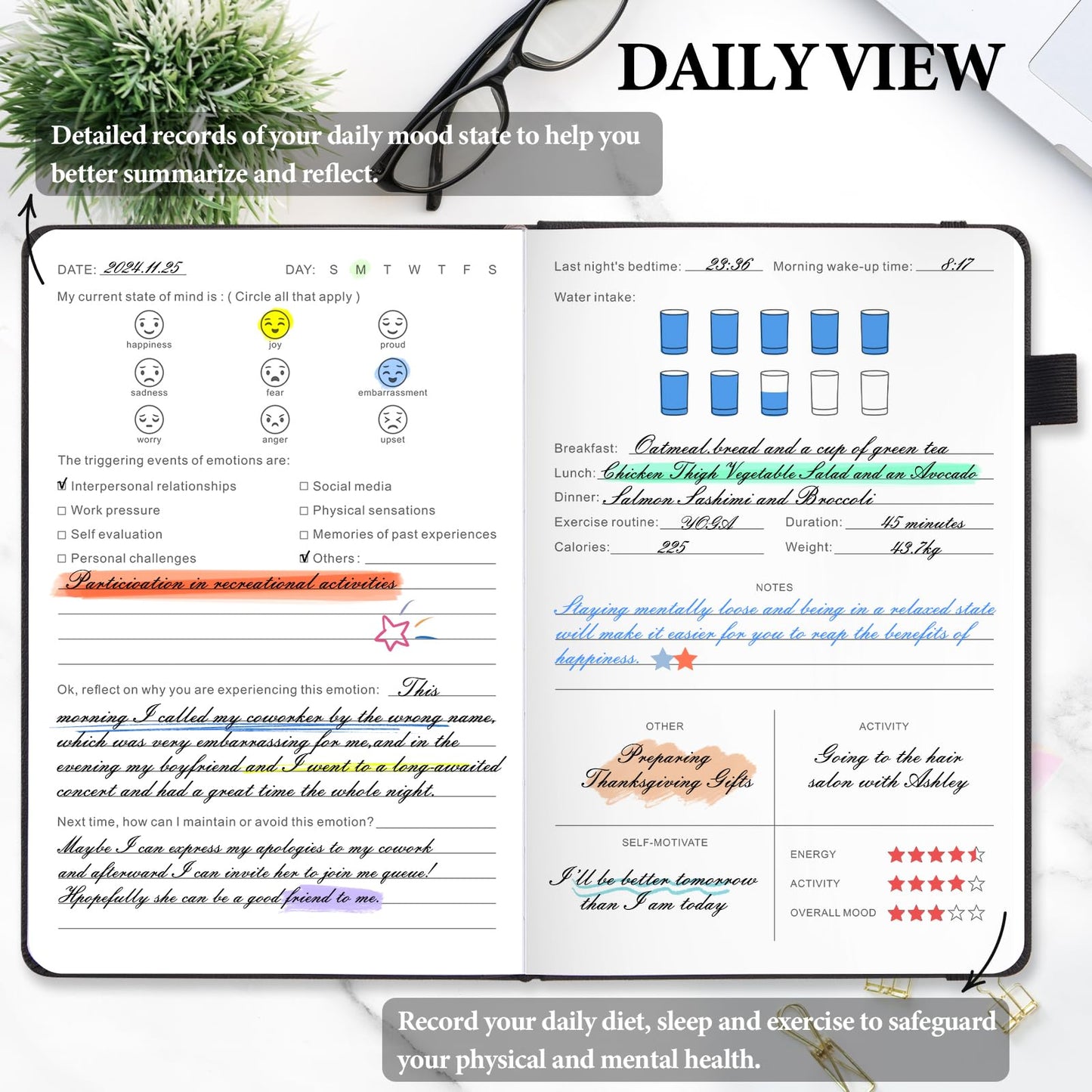 JUBTIC Mood Tracker Journal, Mental Health Journal for Women, 100-Day Self Care & Anxiety Journal with Wellness Tracker and Monthly Reflection, ADHD Planner to Practice Positive Thinking, Black