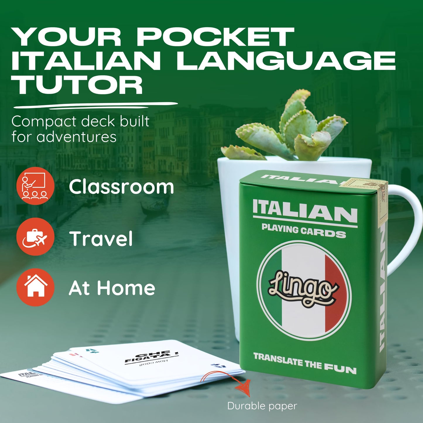 Italian Lingo Playing Cards in Wayfarer Tin Box | Travel Flashcards | Learn Italian Vocabulary in A Fun & Easy Way | 52 Essential Translations