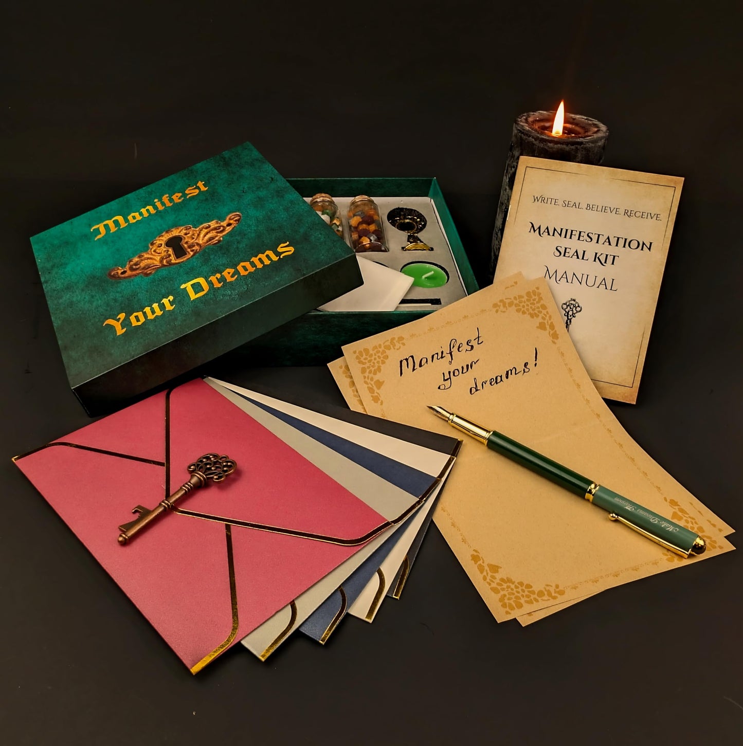 Manifestation Kit with Fire Paper & Wax Seal Stamps – Sigil Ritual Tools for Writing, Sealing & Releasing Intentions – Spiritual Self Care Gift for Manifestation – Witchy Cauldron Manifest Dreams Seal