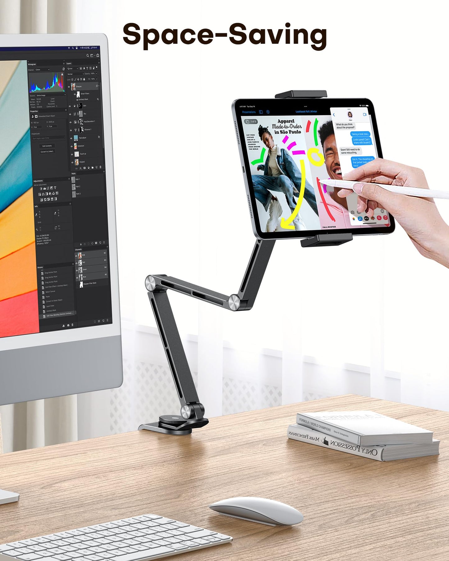 OMOTON Adjustable Tablet Stand for iPad, Desk Phone Holder for Bed with 2 Clamps, Flexible Aluminum Alloy Mount with 360° Rotation for 4-13" Devices (Black)