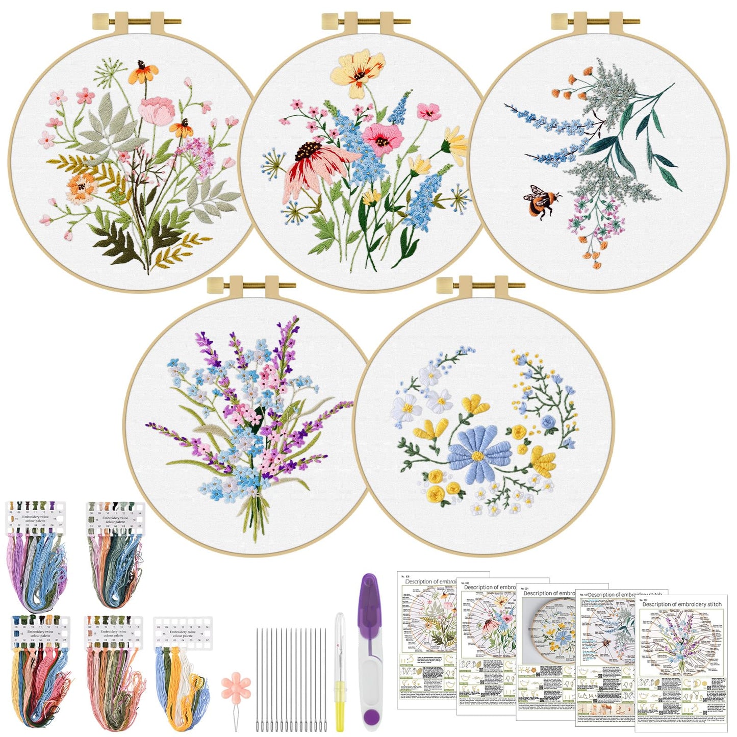 ERKOON Embroidery Kit for Beginners, 5 Sets Flower Cross Stitch Set for Adults Include Embroidery Cloth Hoops Threads for Craft Lover Hand Stitch with Skill Techniques (Flower)