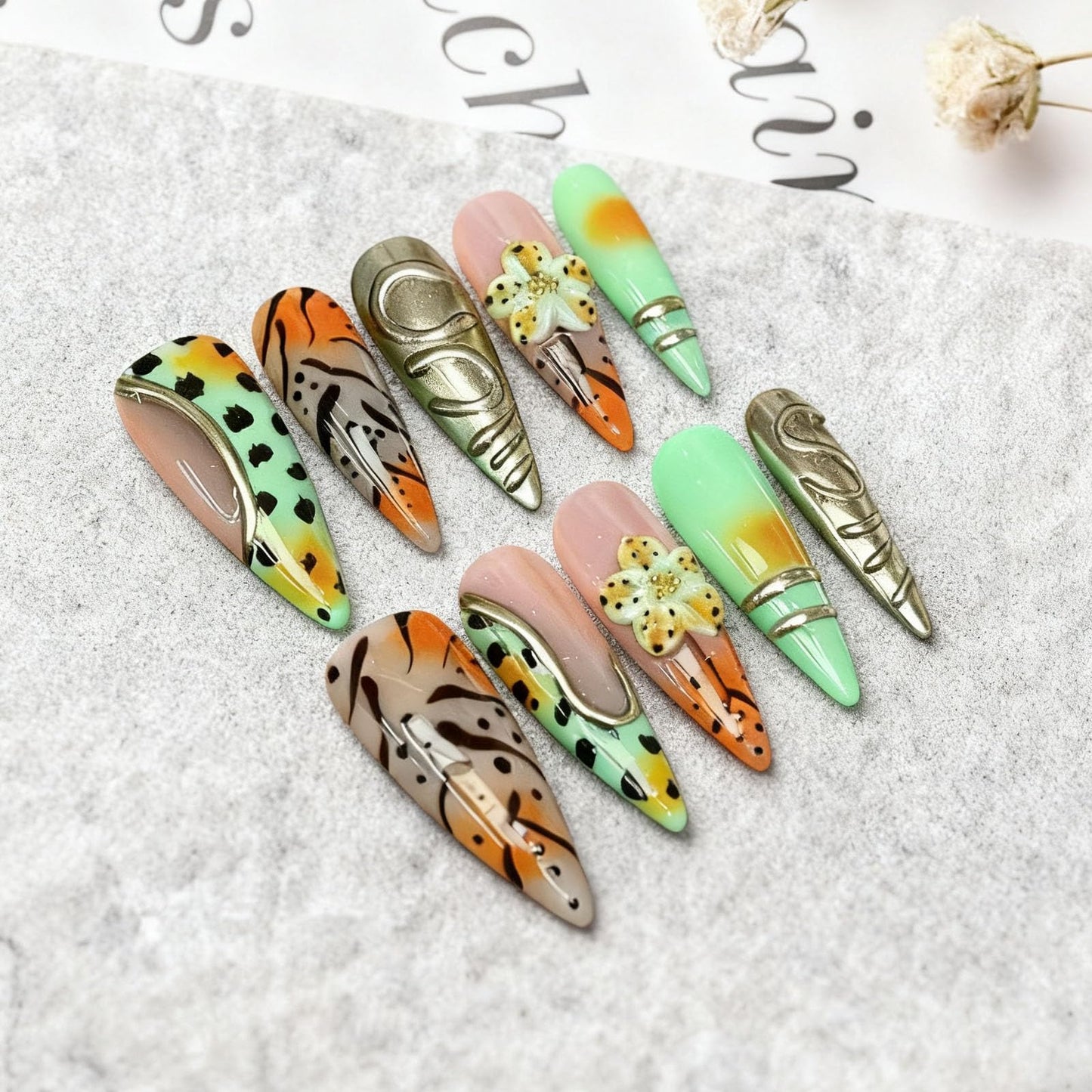 10 Pcs Handmade Acrylic Press on Nails Long Stiletto Fake Nails with Design 3D Flower Leopard Print French Tip False Nails Artificial Full Cover Glue on Nails for Women - Size M