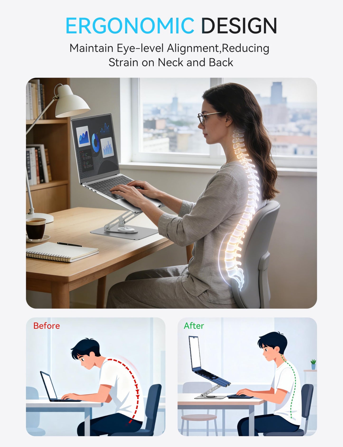 SOUNDANCE 360 Rotating Laptop Stand, Ergonomic Computer Riser for Desk, Adjustable Height Multi-Angle Metal Holder, Foldable Portable Notebook Elevating Base for Office & Home, Silver Grey