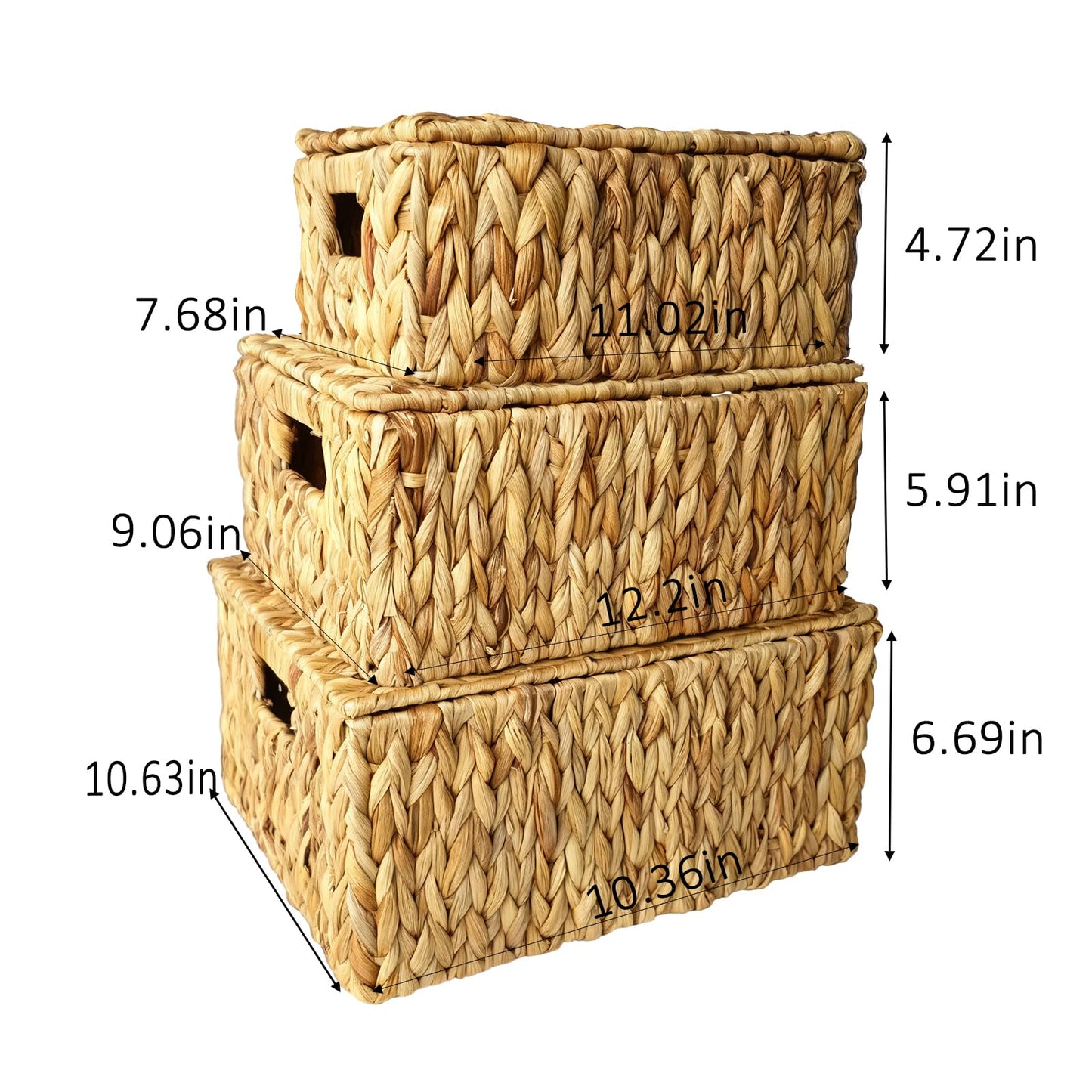 Wicker Storage Baskets With Lid,Set of 3 Rectangular Rattan Basket Decorative Boxes with Handles,Large Storage Box Hyacinth Wicker Baskets For Shelf Organizer, Nursery Room,Bathroom,Living Room