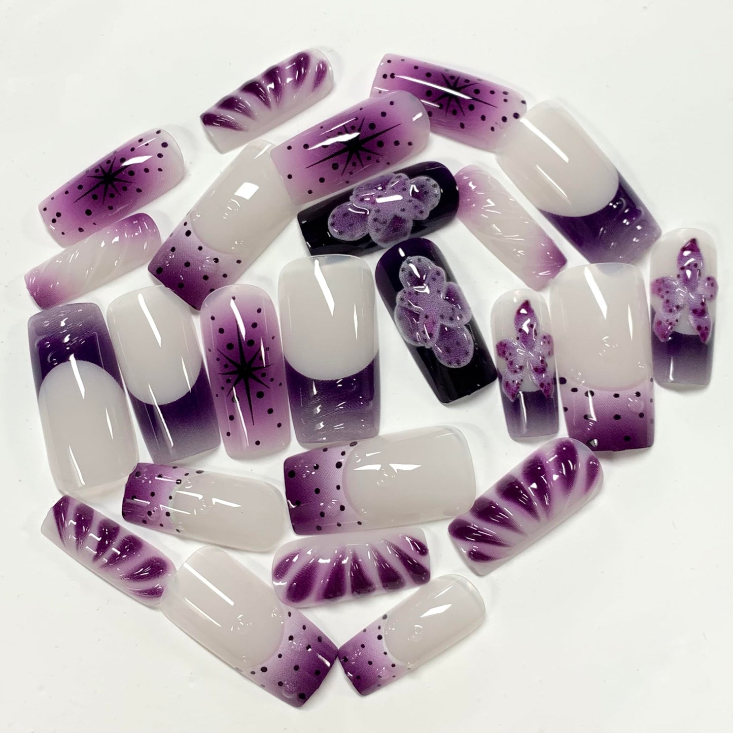 BABALAL Press On Nails, Long Square Fake Nails, Purple Ombre With 3d Floral & Polka Dot, Glossy Full Cover Glue On Nails For Women And Girls 24Pcs