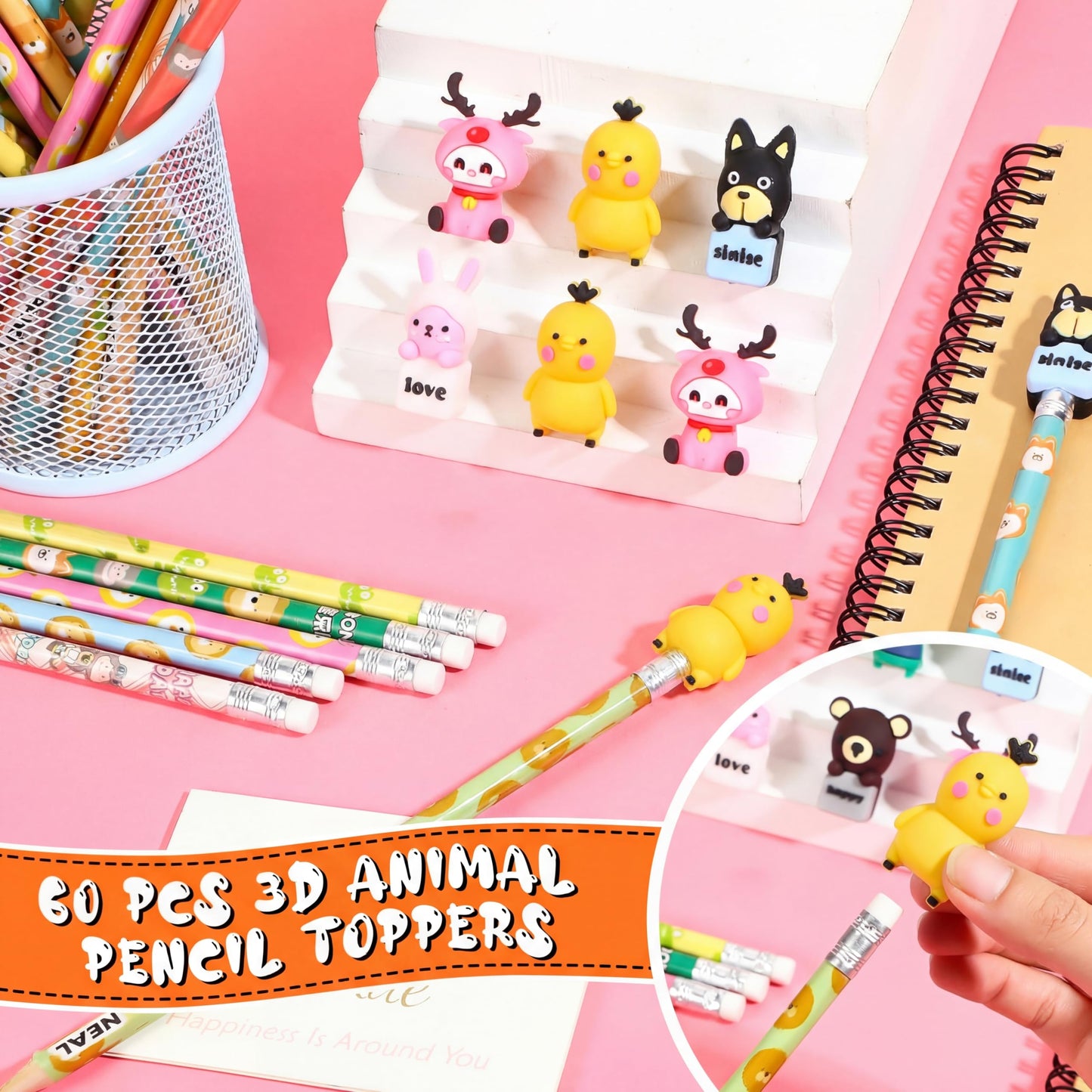 Ireer 60 Pcs Scented Pencils for Kids Animal Fruit Fun Smelly Pencils Bulk HB Graphite with 60 Pcs Cute Cartoon Toppers Gift for School Office Classroom Party Reward Supplies(Cute Style)