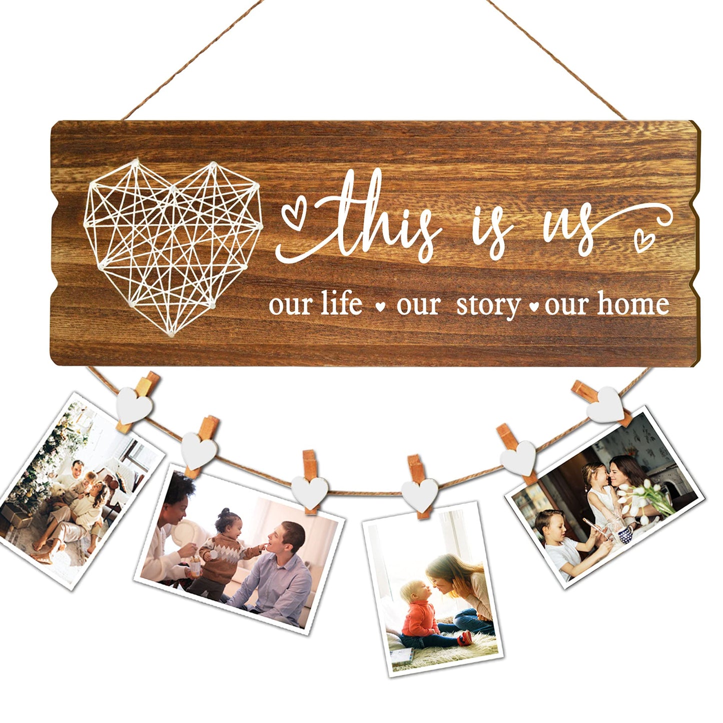 Buecasa Housewarming Gifts New Home Sign Decor - Rustic Wall Hanging Picture Frame with 6 Heart Clips -This Is Us Wall Decor 15.8x6.0 Inches