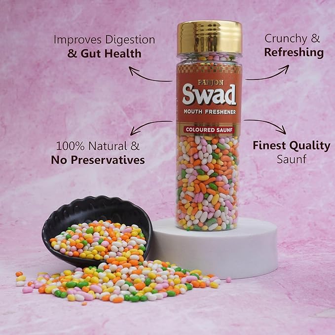 Panjon Swad Sugar Coated Fennel Candy Mukhwas Mouth Freshener 1 Bottle, 140g (COLOURED SAUNF)