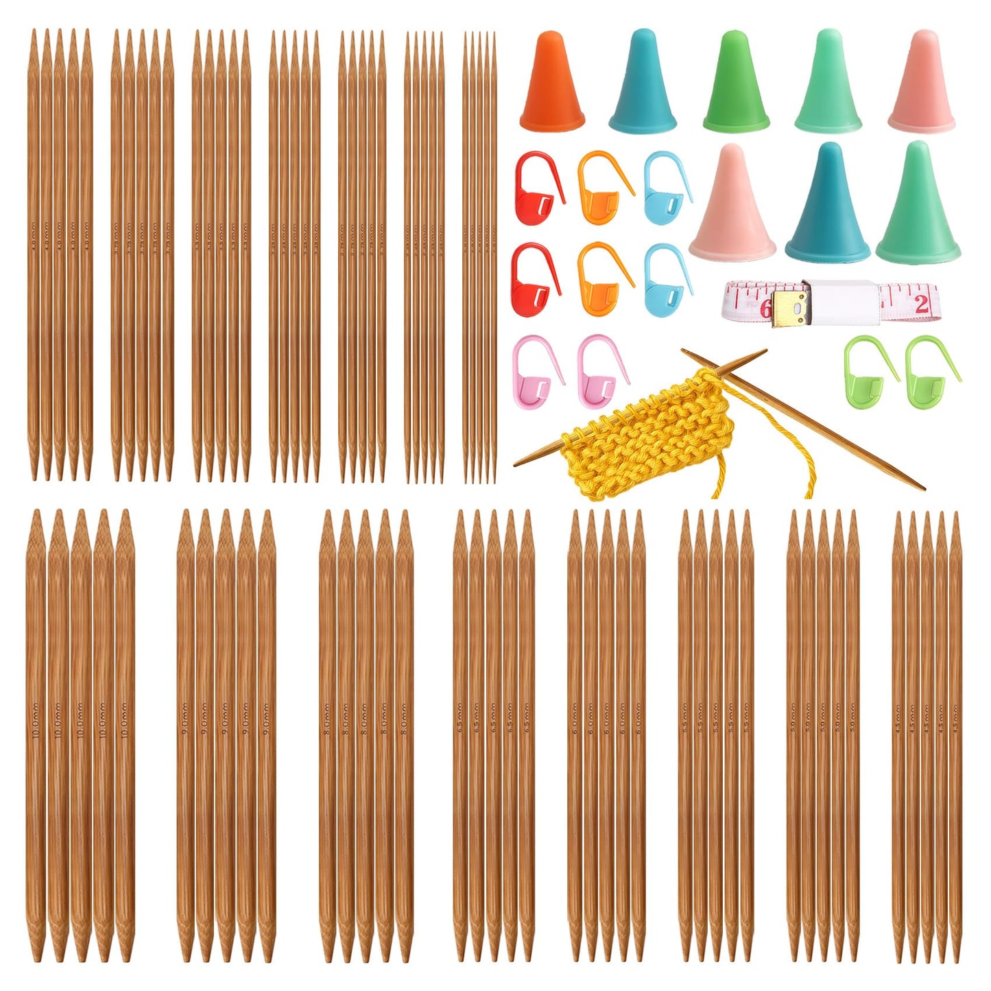 75-Piece Bamboo Double Pointed Knitting Needles Set - 15 Sizes (2.0-10.0mm) Complete Knitting Kit with Stitch Markers, Needle Caps & Tape Measure, Ideal for Beginners & Pros