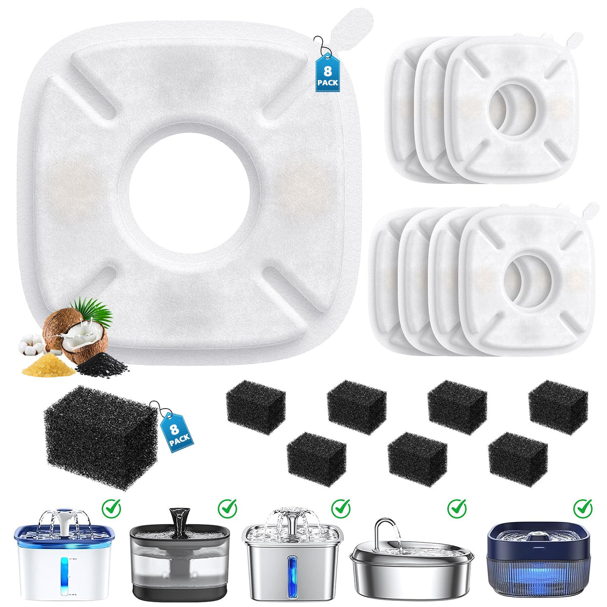 50 Pcs Cat Water Fountain Filters for Veken 95oz 67oz 135oz Pet Fountain