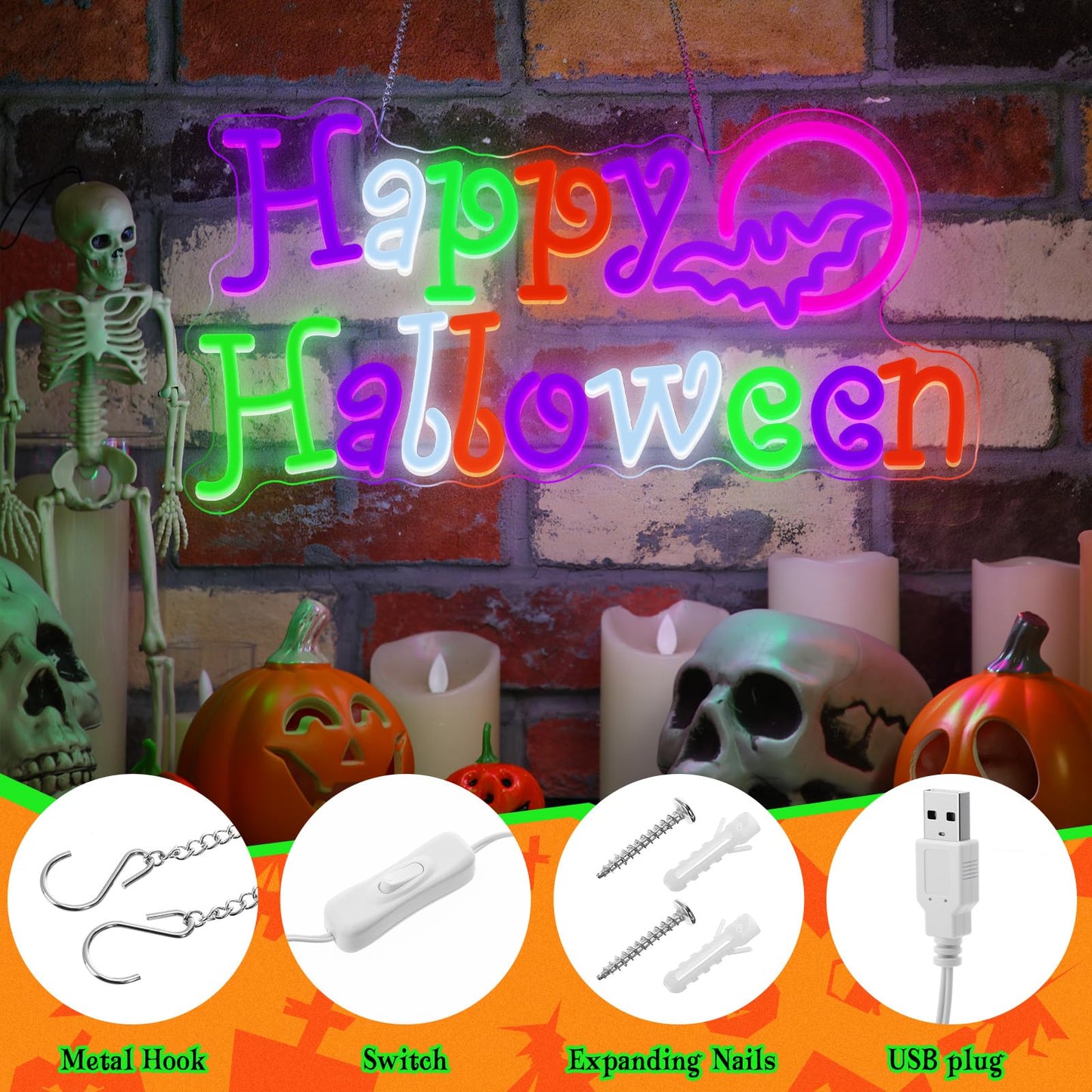 Mudder Happy Halloween Neon Sign for Wall Decor Neon Wall Lighted Sign Outdoor for Present Bedroom Home Bar Halloween Party Decor Bat Shape Cave Bedroom Party Backdrop