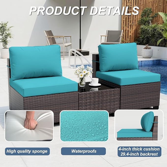 ALAULM 10 Pieces Outdoor Patio Furniture Set with Propane Fire Pit Table Outdoor Sectional Sofa Sets Patio Furniture 43" Gas Fire Pit PE Rattan Patio Conversation Set w/8 Seat Cushions (Turquoise)