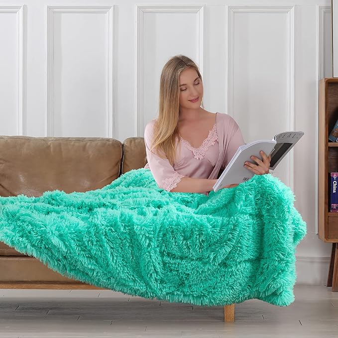 Tuddrom Decorative Extra Soft Faux Fur Throw Blanket 50"x60",Solid Reversible Fuzzy Lightweight Long Hair Shaggy Blanket,Fluffy Cozy Plush Fleece Comfy Microfiber Blanket for Couch Sofa Bed,Teal Blue