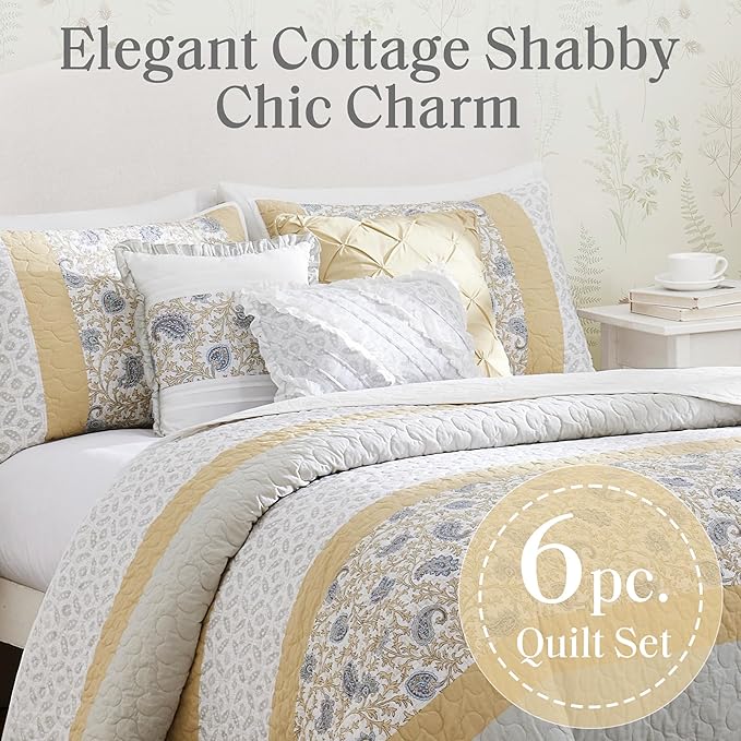 Madison Park 100% Cotton Quilt Set Floral Print, Double Sided Stitching, All Season, Lightweight Coverlet Shabby Chic Bedding Layer, Matching Shams, Full/Queen, Yellow 6 Piece