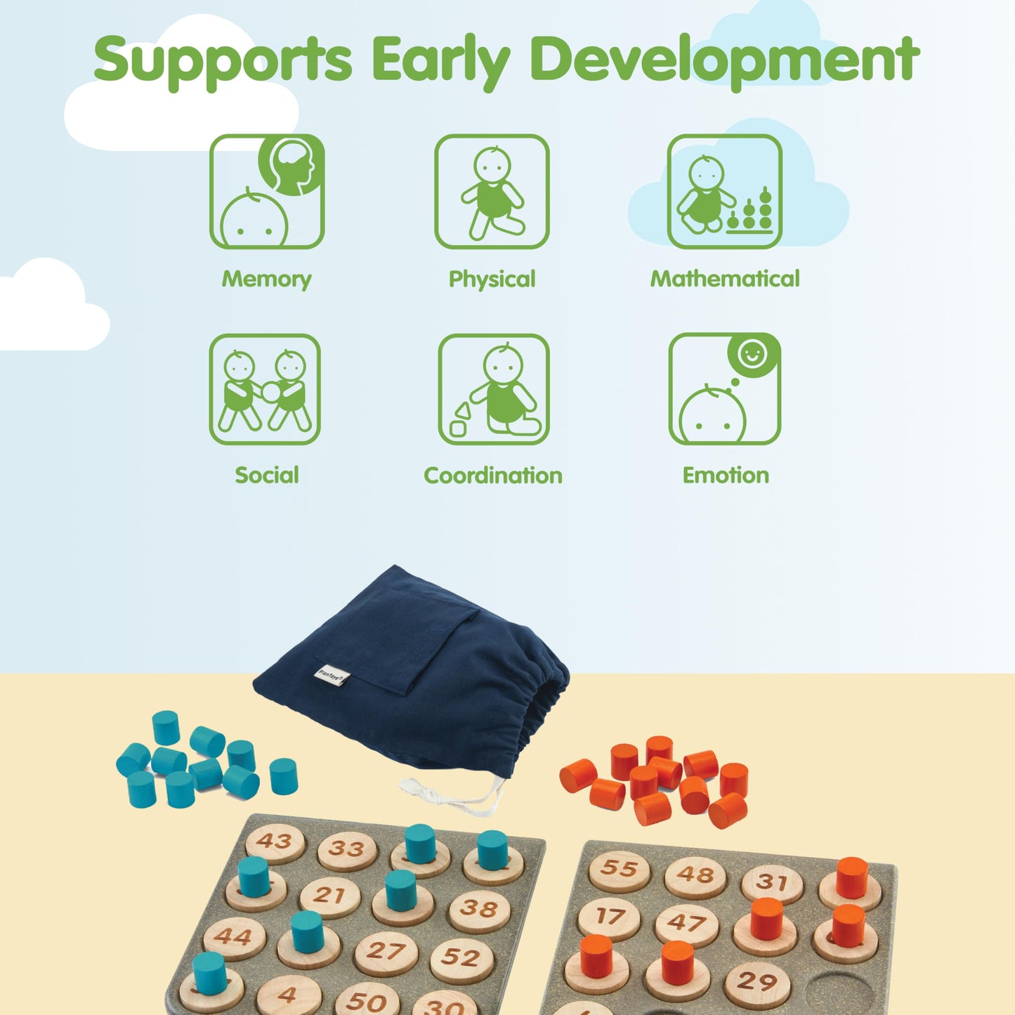 PlanToys® Wooden Math Bingo Game for Montessori Inspired Number Play | Early Math, Counting and Logical Thinking Activity | Eco Friendly Wooden Learning Game for Home or Classroom
